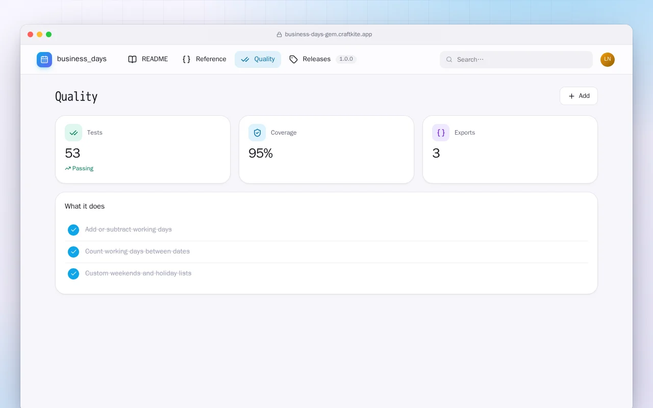 Business Days (Ruby): the Quality screen