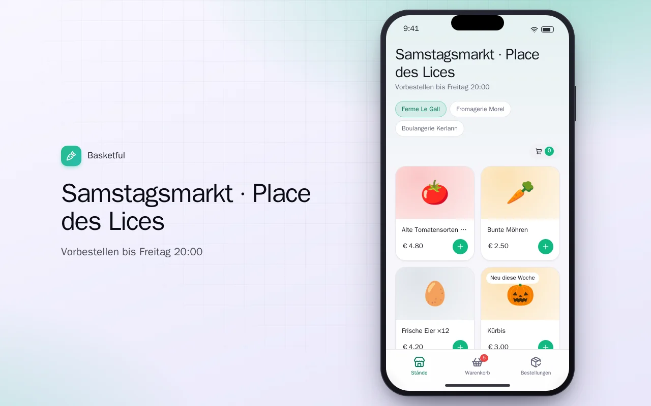Wochenmarkt-Vorbestellung: der Bildschirm „Samstagsmarkt · Place des Lices“
