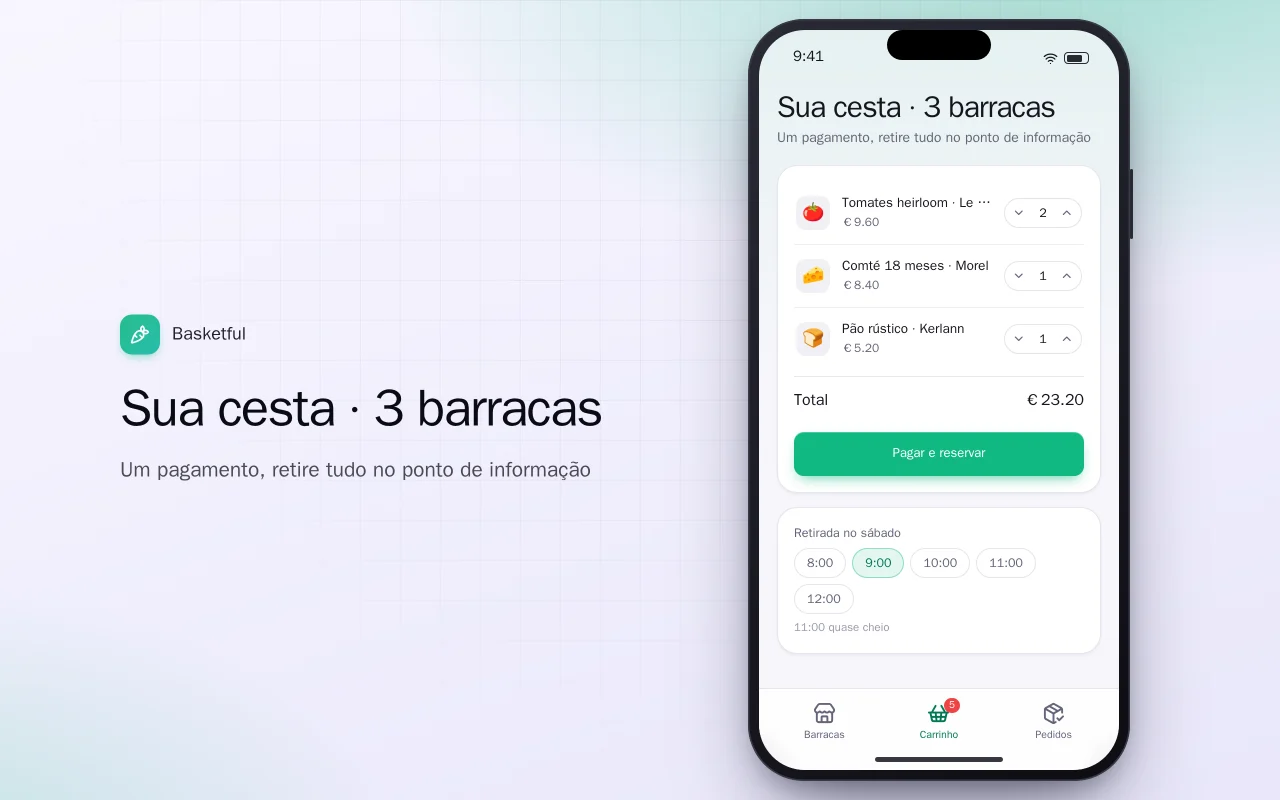 Encomendas para a feira: a tela Sua cesta · 3 barracas