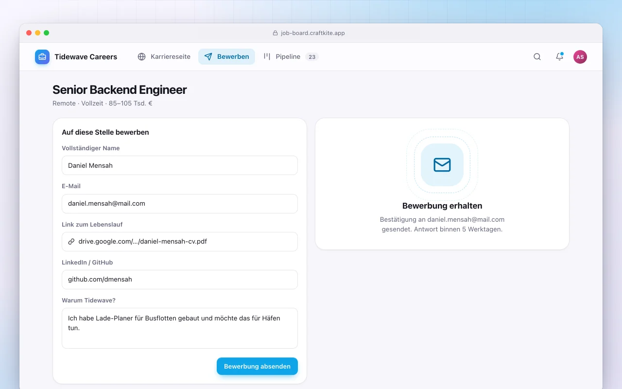 Jobbörse: der Bildschirm „Senior Backend Engineer“