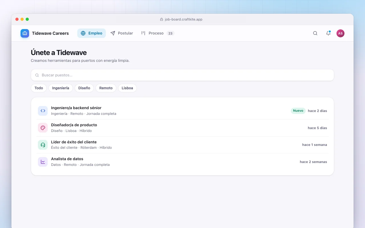 Bolsa de empleo: la pantalla Únete a Tidewave