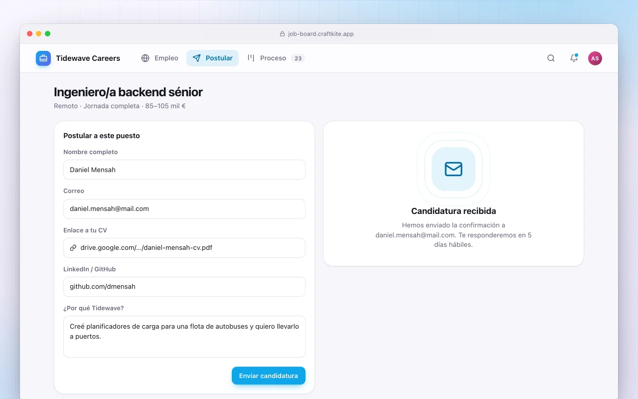 Bolsa de empleo: la pantalla Ingeniero/a backend sénior