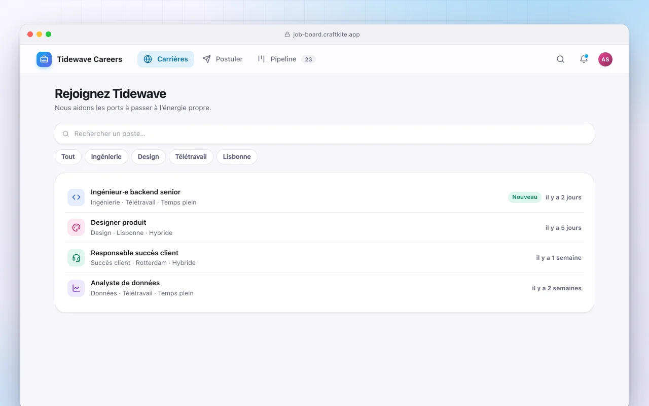 Site d’offres d’emploi : l’écran Rejoignez Tidewave