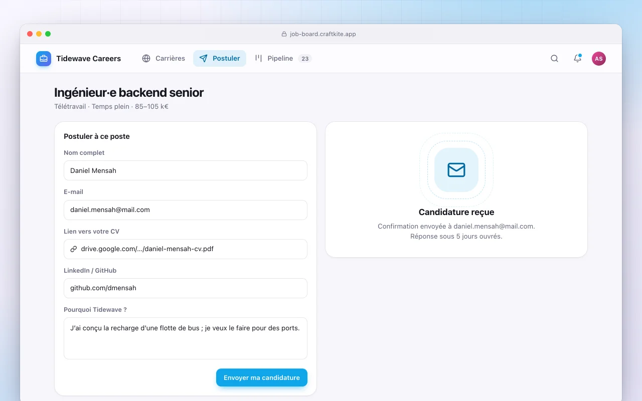 Site d’offres d’emploi : l’écran Ingénieur·e backend senior