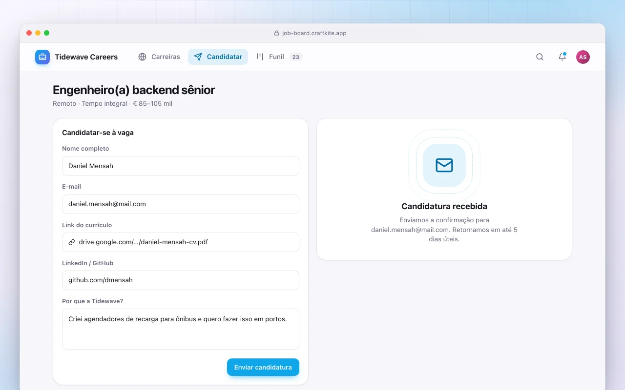Quadro de vagas: a tela Engenheiro(a) backend sênior