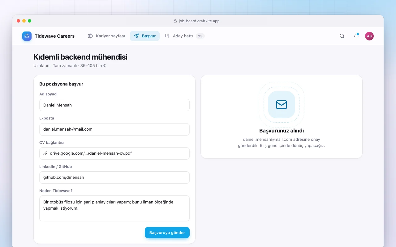 İş ilanları panosu: Kıdemli backend mühendisi ekranı