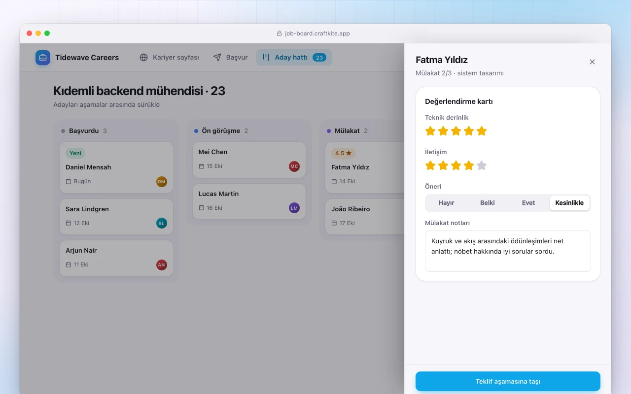 İş ilanları panosu: Kıdemli backend mühendisi · 23 ekranı