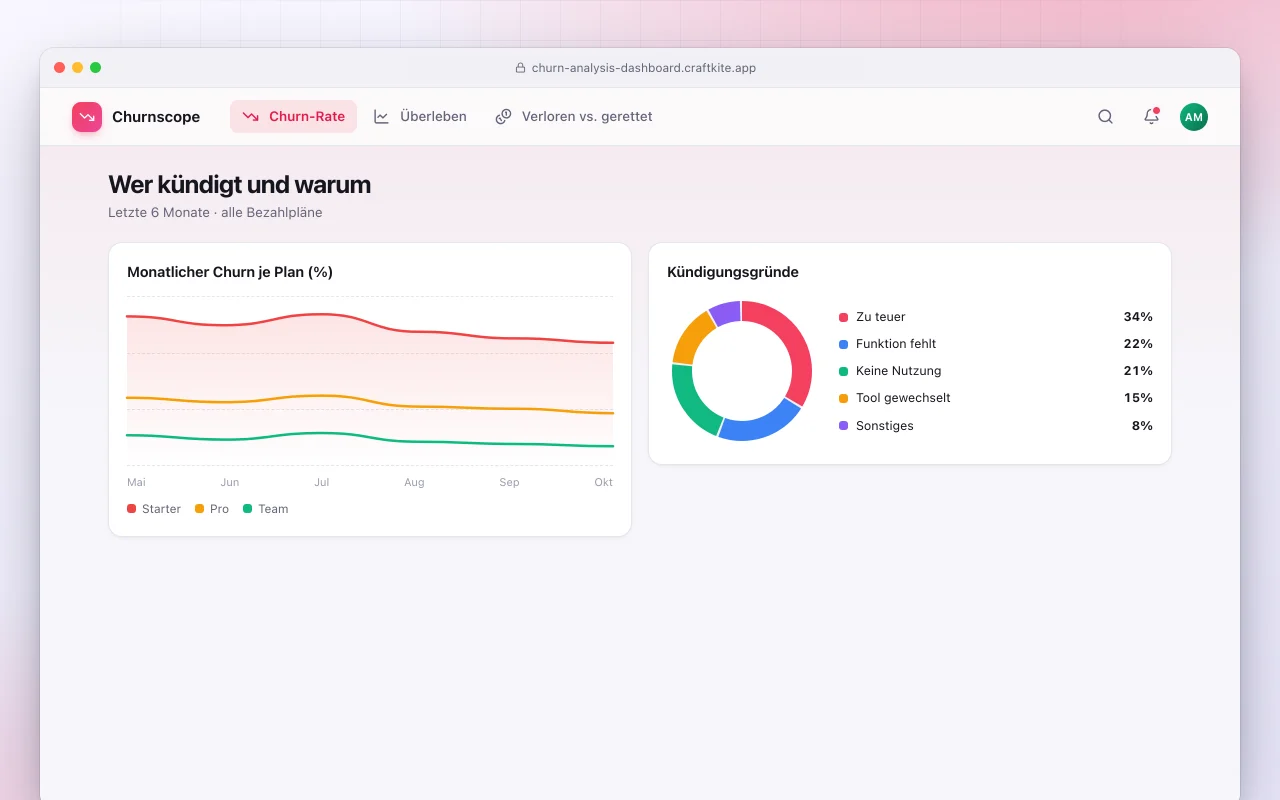 Churn-Analyse-Dashboard: der Bildschirm „Wer kündigt und warum“