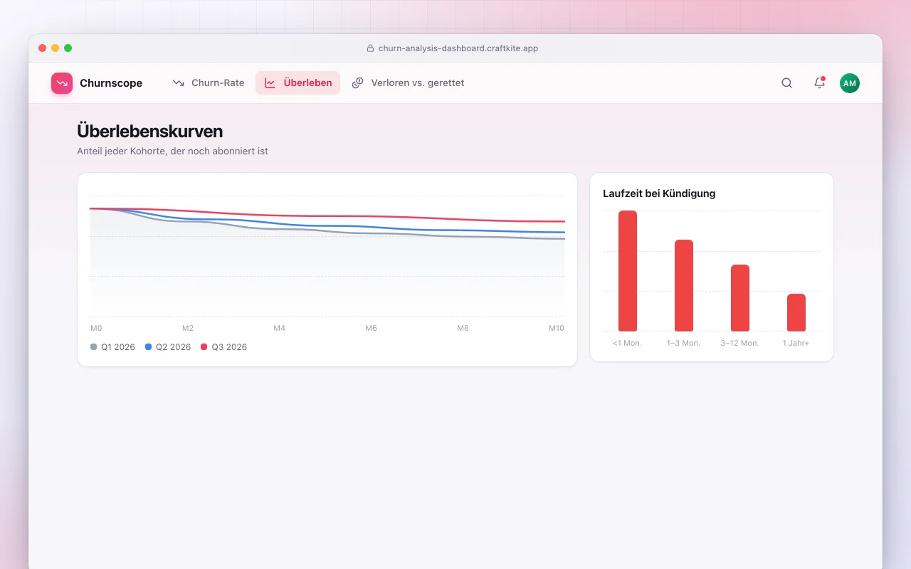 Churn-Analyse-Dashboard: der Bildschirm „Überlebenskurven“