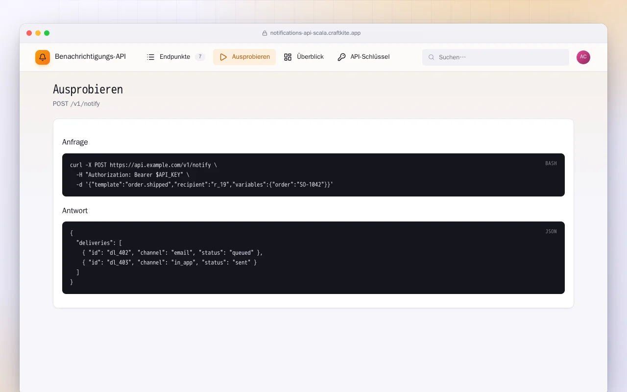 Benachrichtigungs-API (Scala): der Bildschirm „Ausprobieren“
