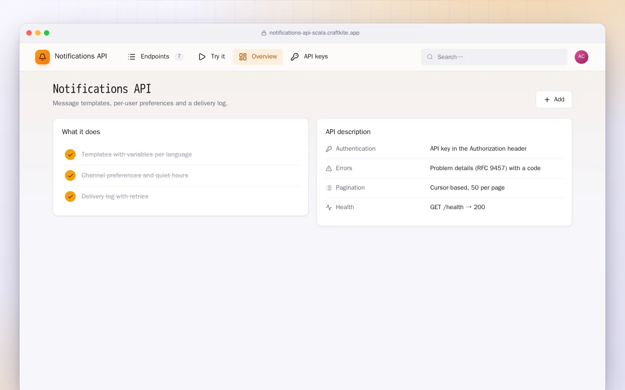 Notifications API (Scala): the Notifications API screen