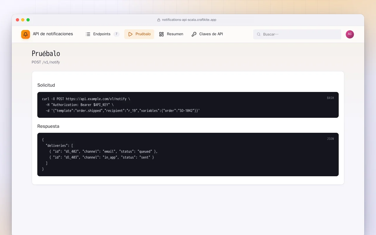 API de notificaciones (Scala): la pantalla Pruébalo