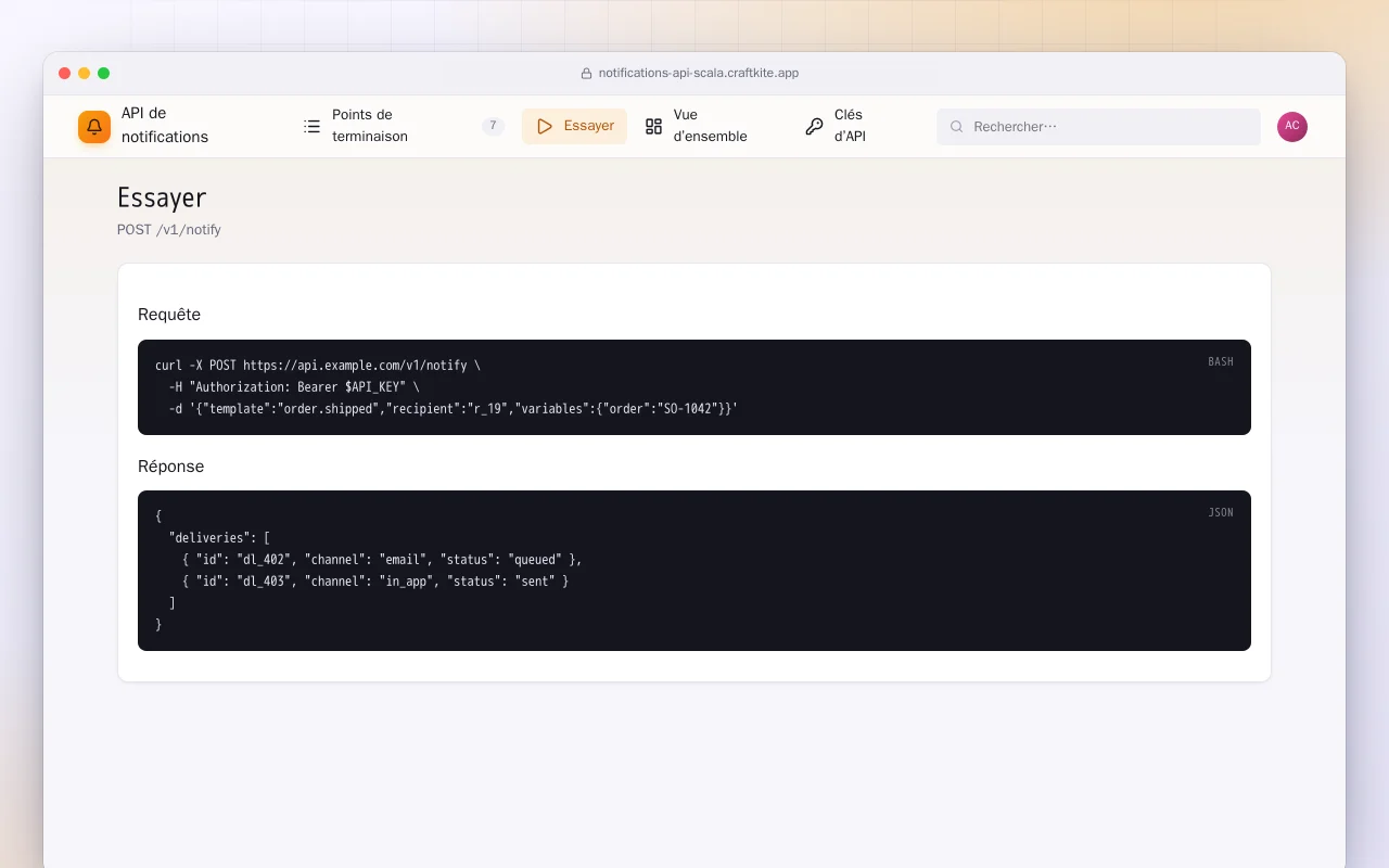 API de notifications (Scala) : l’écran Essayer