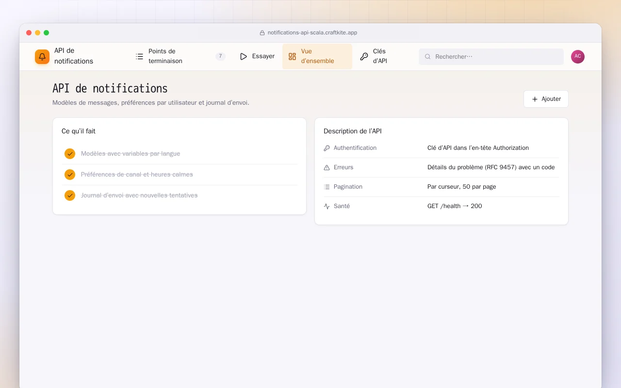 API de notifications (Scala) : l’écran API de notifications