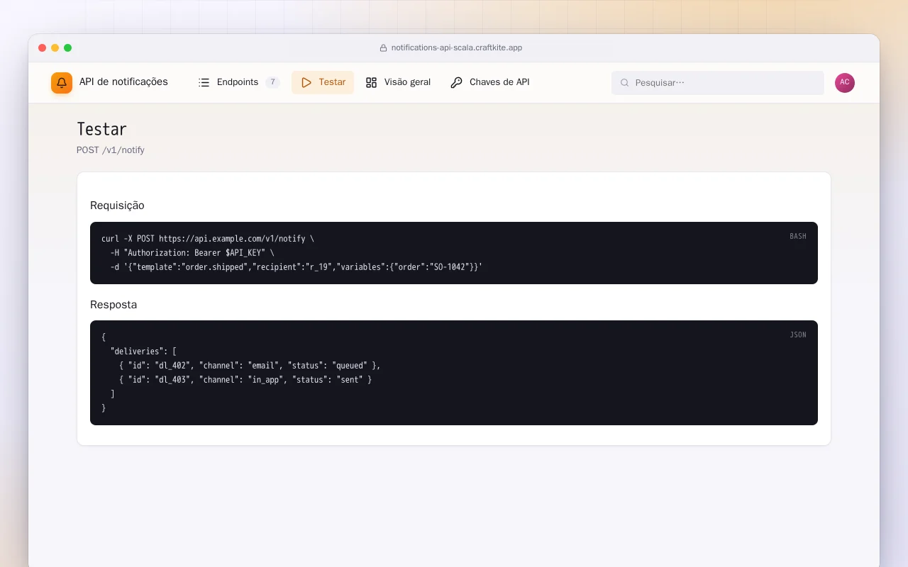 API de notificações (Scala): a tela Testar