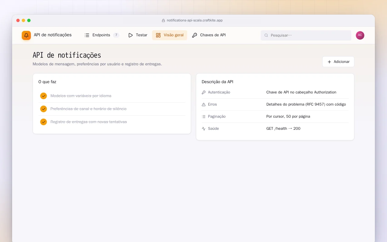 API de notificações (Scala): a tela API de notificações
