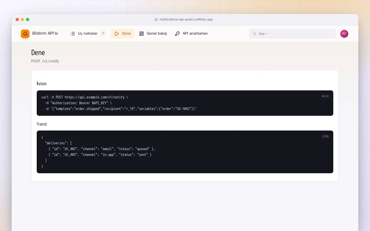 Bildirim API’si (Scala): Dene ekranı