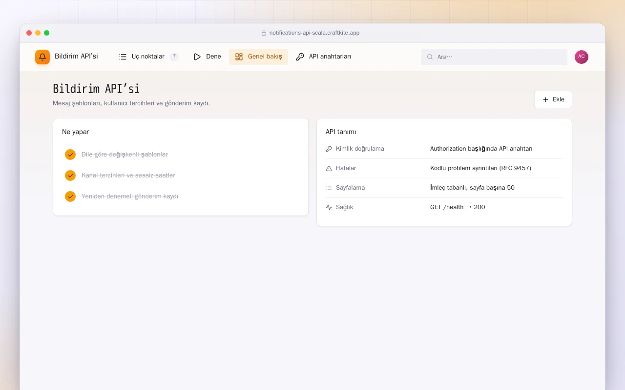 Bildirim API’si (Scala): Bildirim API’si ekranı