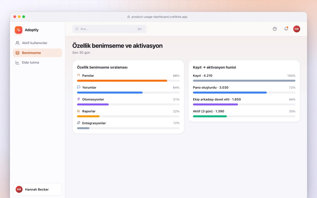 Ürün kullanım panosu: Özellik benimseme ve aktivasyon ekranı