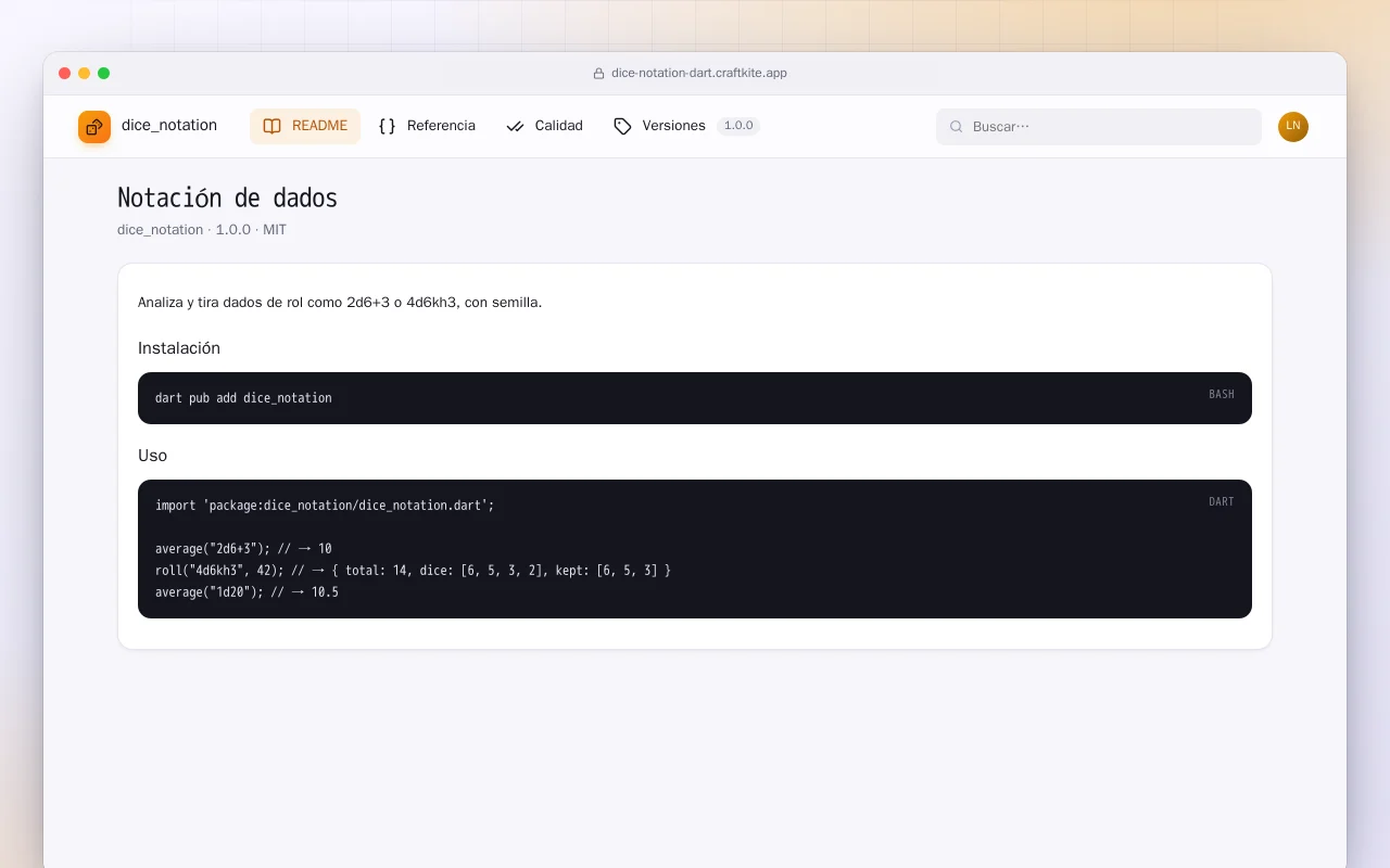 Notación de dados (Dart): la pantalla Notación de dados