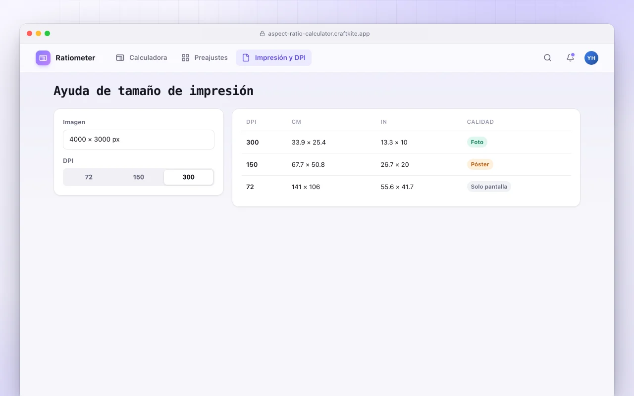 Calculadora de relación de aspecto: la pantalla Ayuda de tamaño de impresión