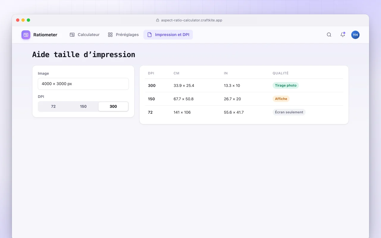 Calculateur de ratio d’aspect : l’écran Aide taille d’impression
