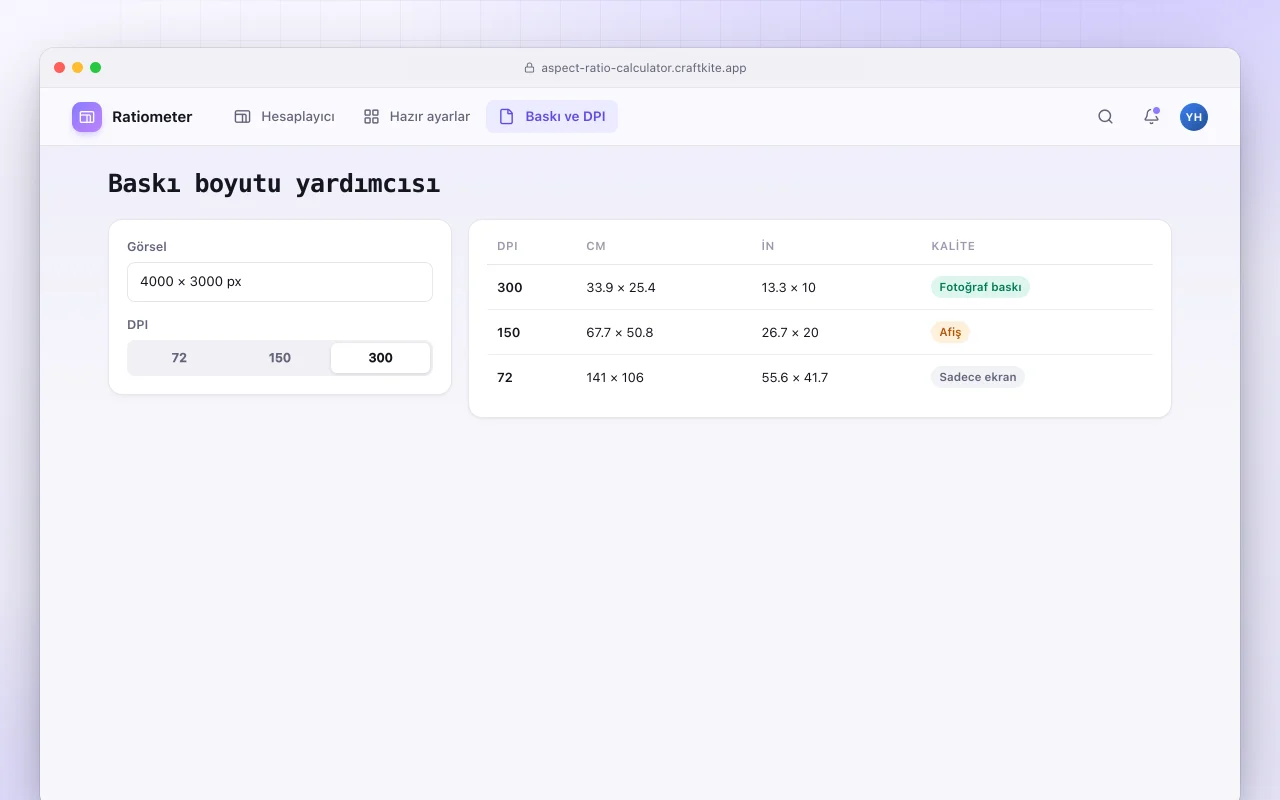 En-boy oranı hesaplayıcı: Baskı boyutu yardımcısı ekranı