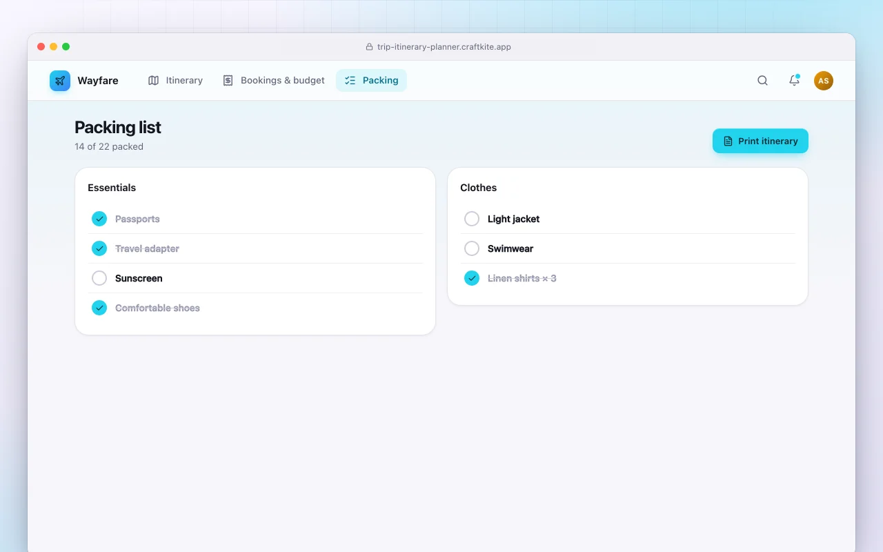 Trip itinerary planner: the Packing list screen