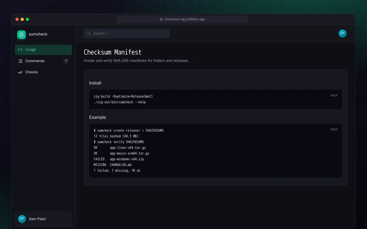Checksum Manifest (Zig): the Checksum Manifest screen