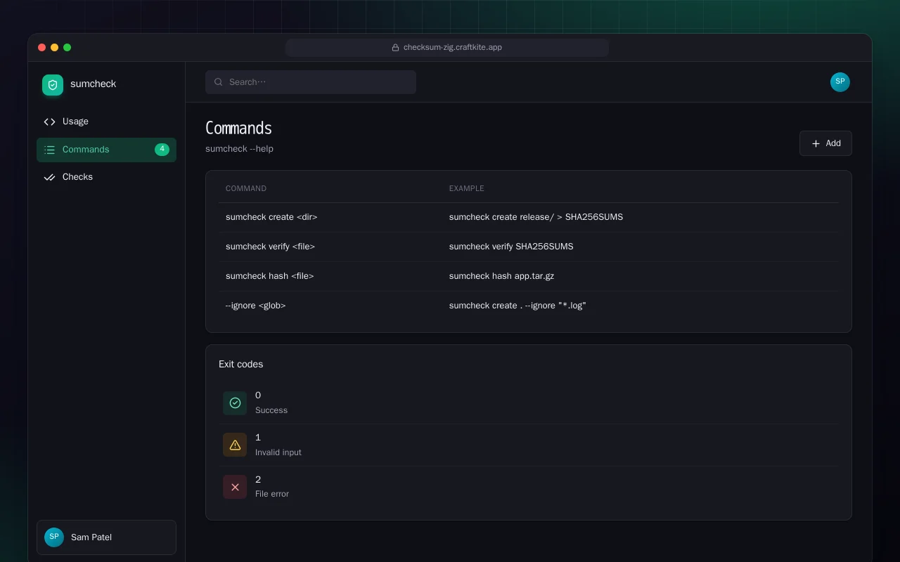 Checksum Manifest (Zig): the Commands screen