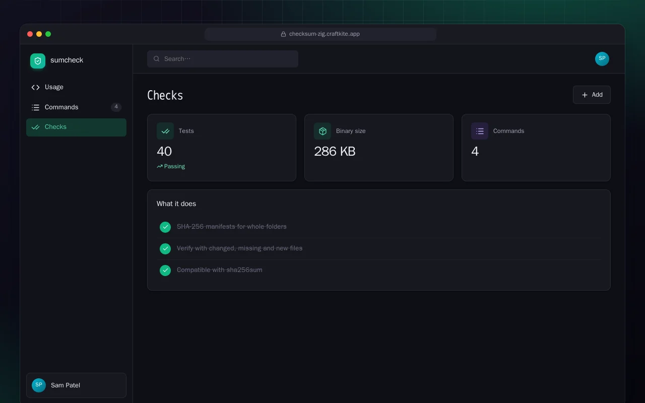 Checksum Manifest (Zig): the Checks screen