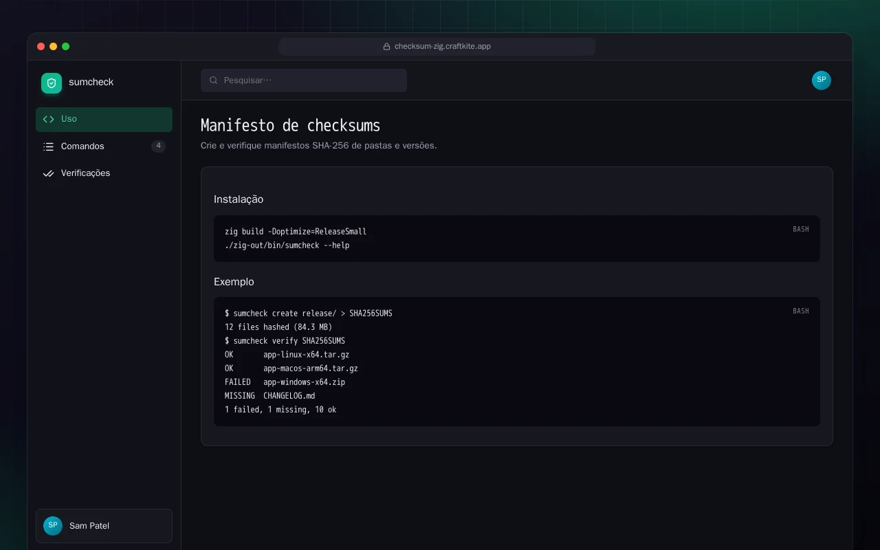 Manifesto de checksums (Zig): a tela Manifesto de checksums