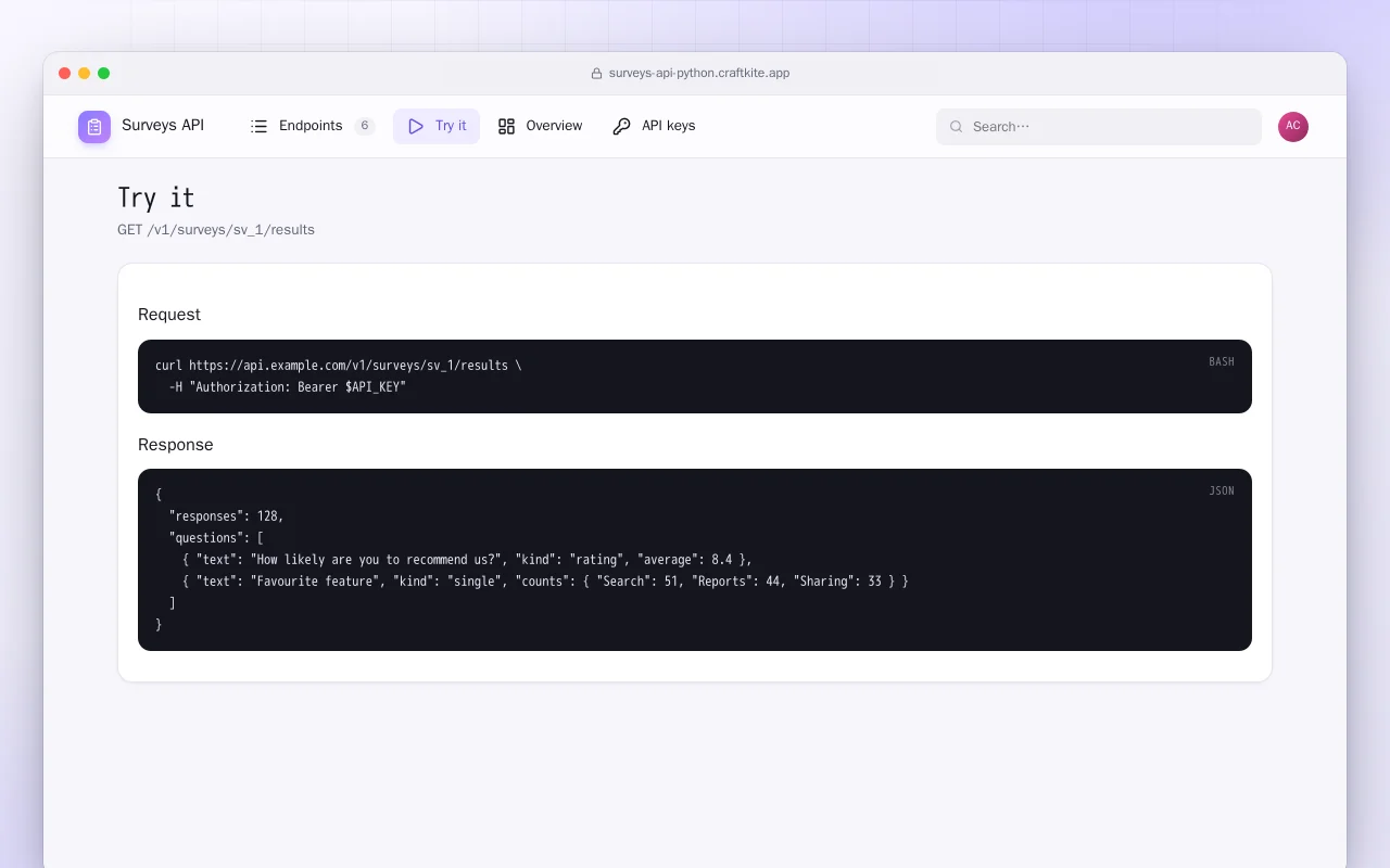 Surveys API (Python): the Try it screen