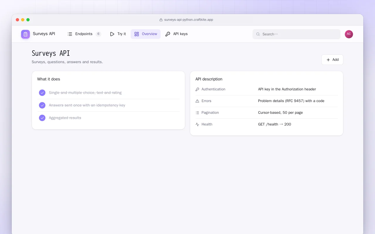 Surveys API (Python): the Surveys API screen