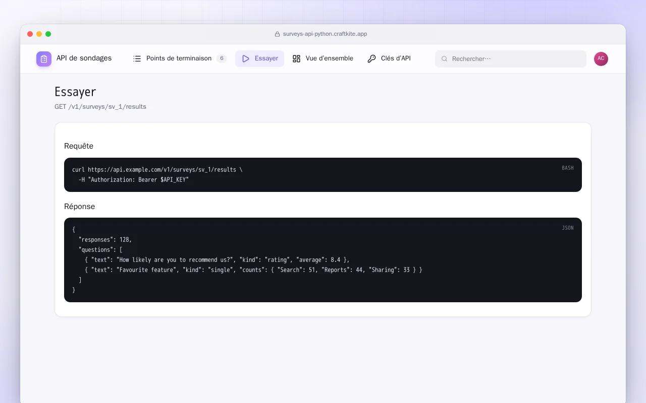 API de sondages (Python) : l’écran Essayer