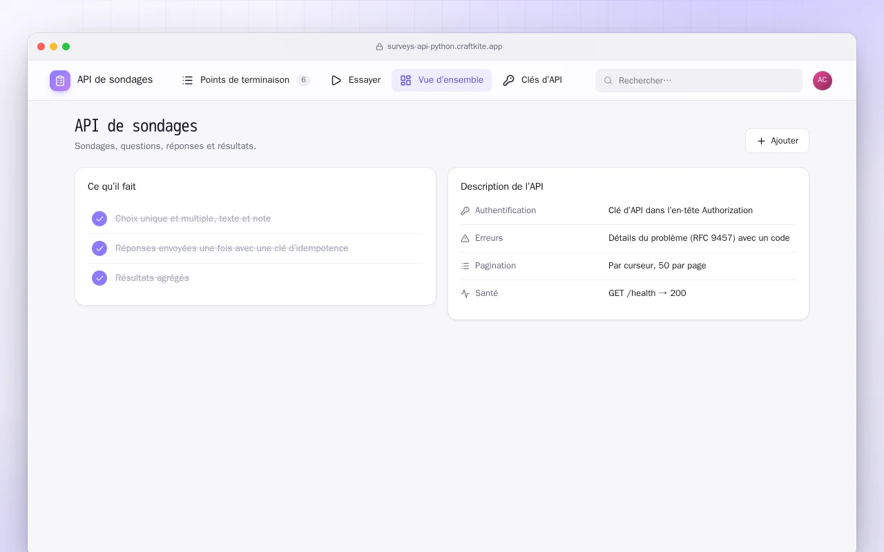 API de sondages (Python) : l’écran API de sondages