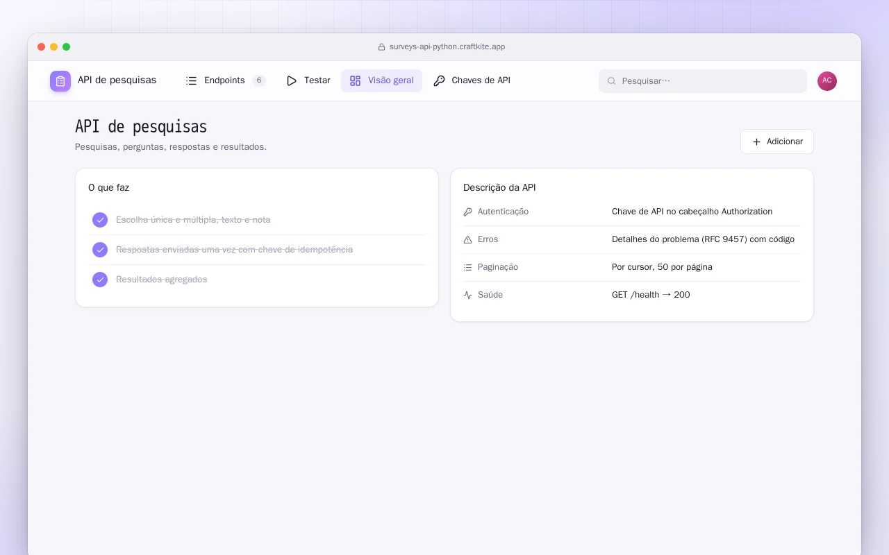 API de pesquisas (Python): a tela API de pesquisas