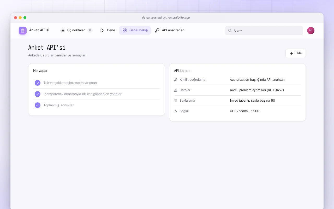 Anket API’si (Python): Anket API’si ekranı