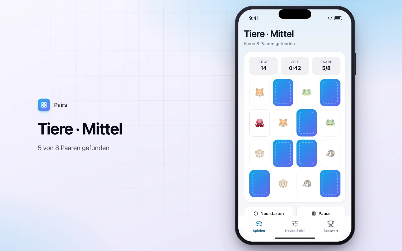 Memory-Kartenspiel: der Bildschirm „Tiere · Mittel“