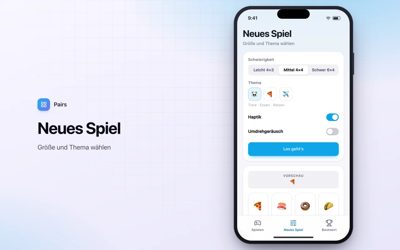 Memory-Kartenspiel: der Bildschirm „Neues Spiel“