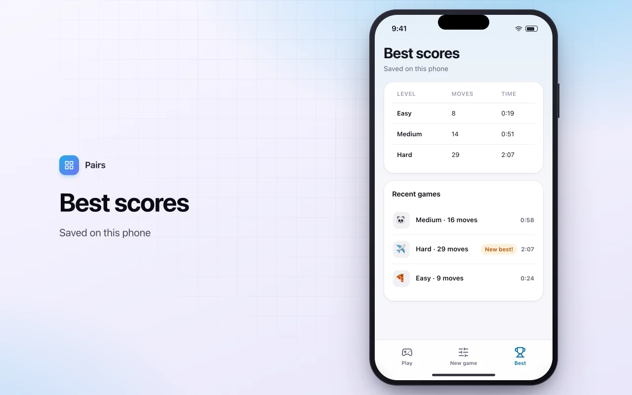 Memory match cards: the Best scores screen
