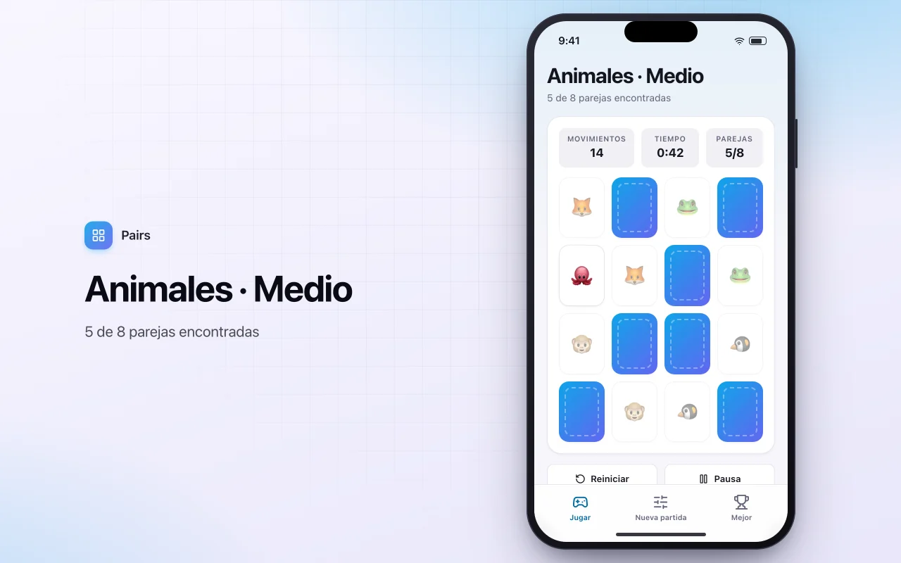 Parejas de memoria: la pantalla Animales · Medio