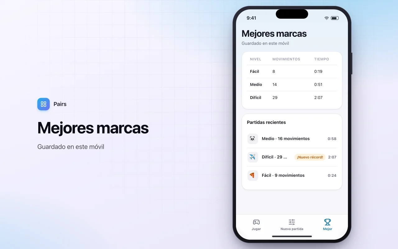 Parejas de memoria: la pantalla Mejores marcas