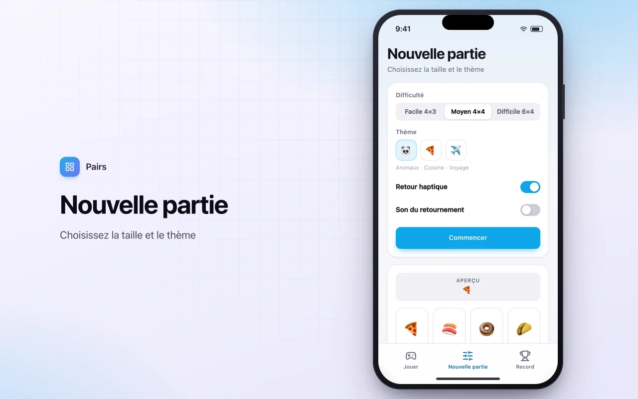 Cartes Memory : l’écran Nouvelle partie
