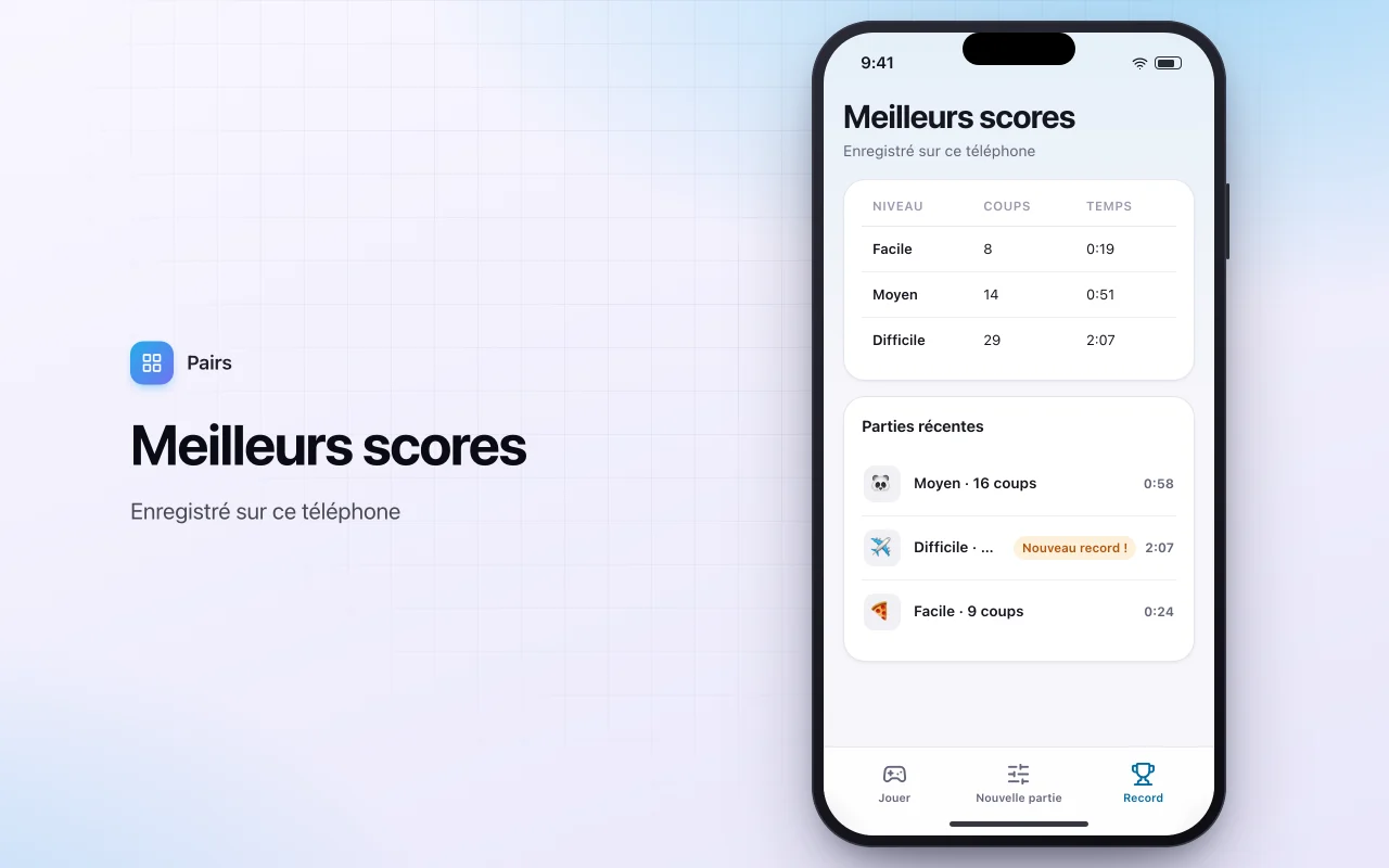 Cartes Memory : l’écran Meilleurs scores