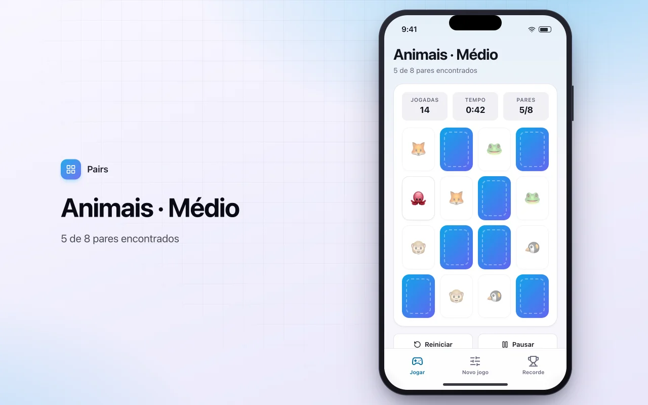 Jogo da memória: a tela Animais · Médio