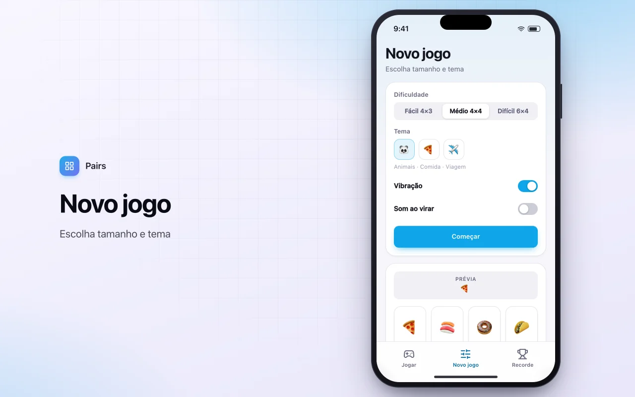 Jogo da memória: a tela Novo jogo