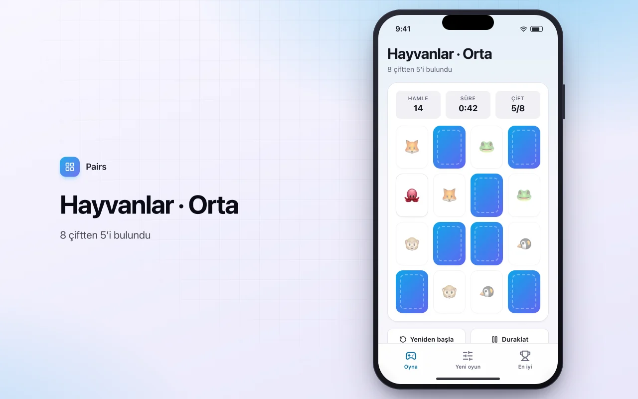 Hafıza eşleştirme kartları: Hayvanlar · Orta ekranı