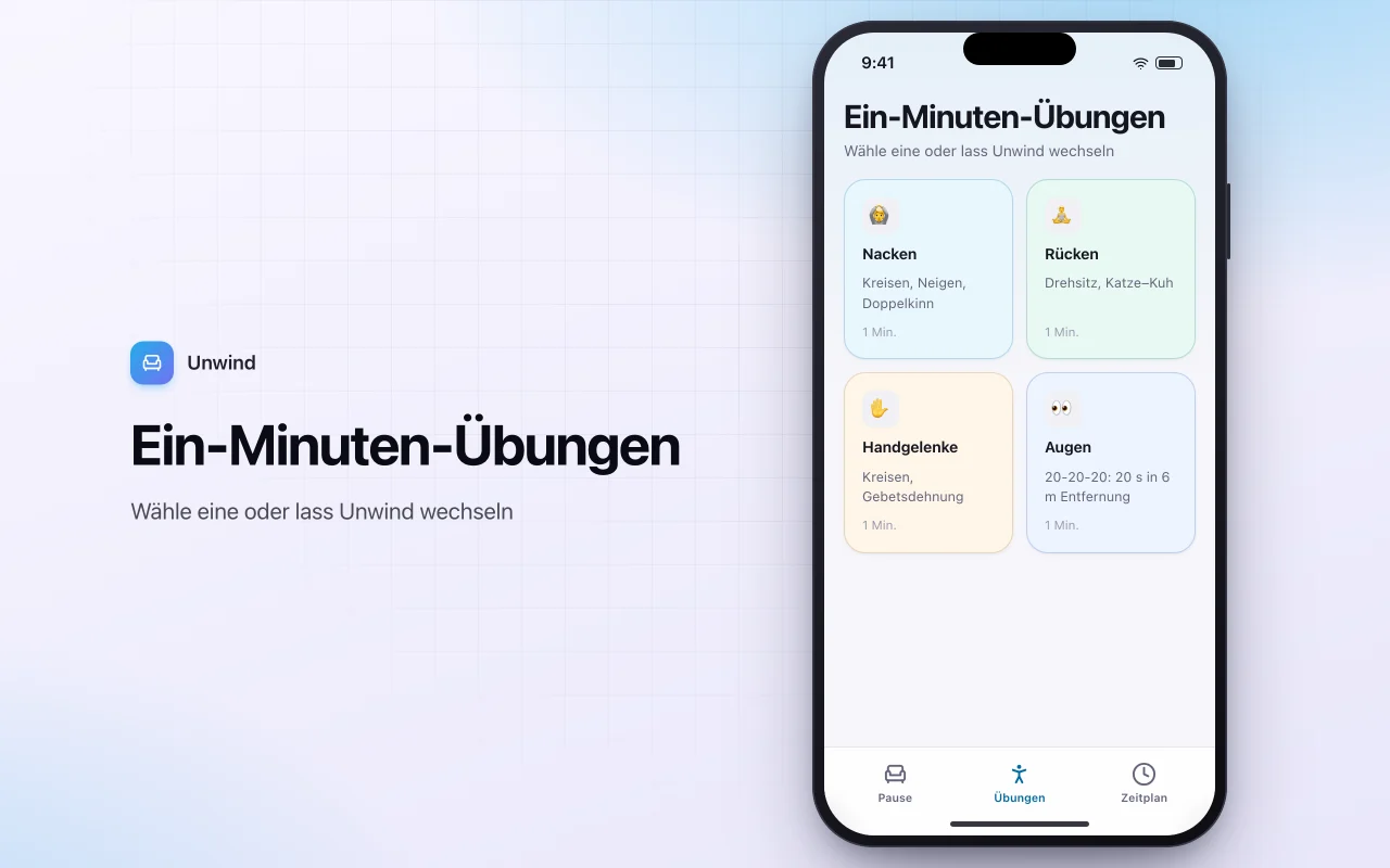 Dehnpausen-Erinnerung am Schreibtisch: der Bildschirm „Ein-Minuten-Übungen“