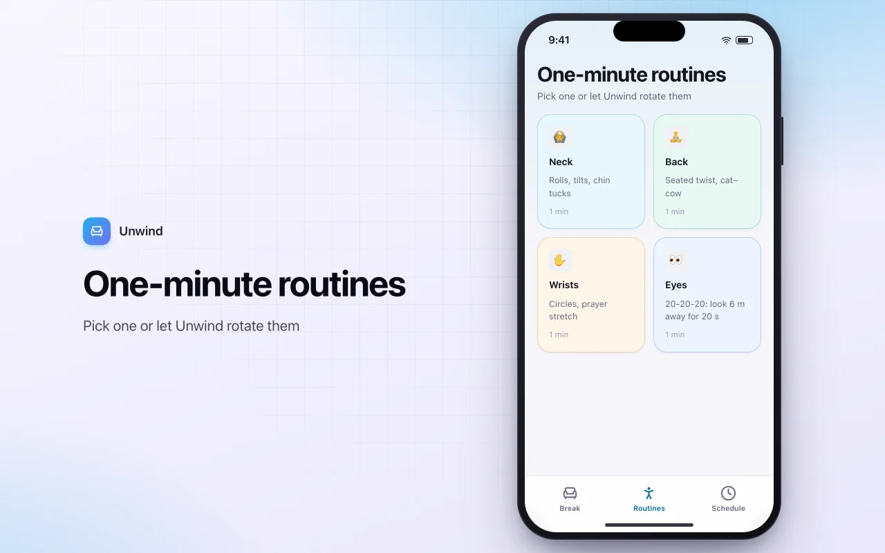 Desk stretch break reminders: the One-minute routines screen